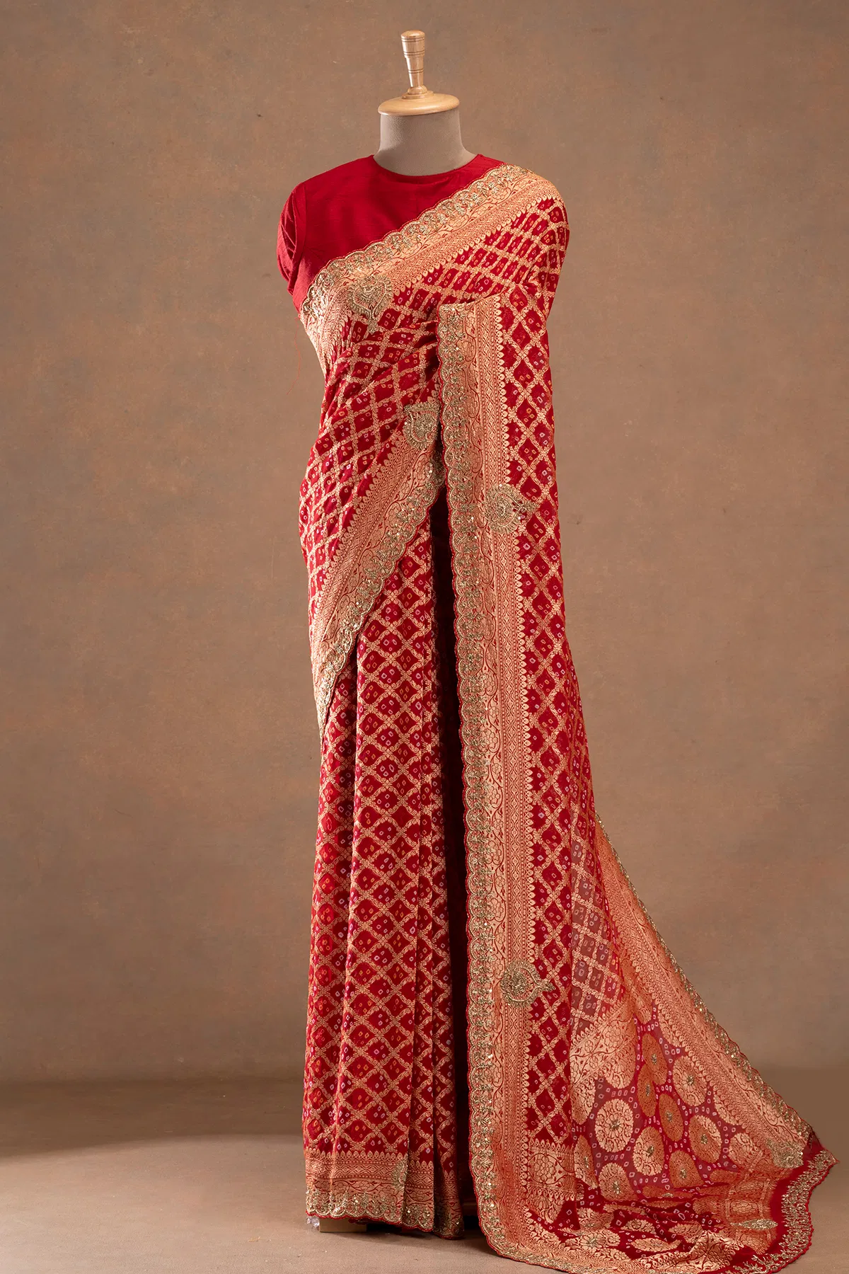 Red zardosi embroidered georgette bandhani saree